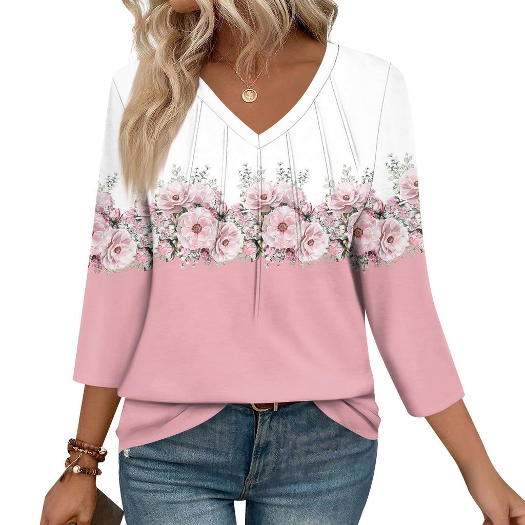 Women's Casual Tops V Neck Pull Stripe Prints Seven Sleeve Tops