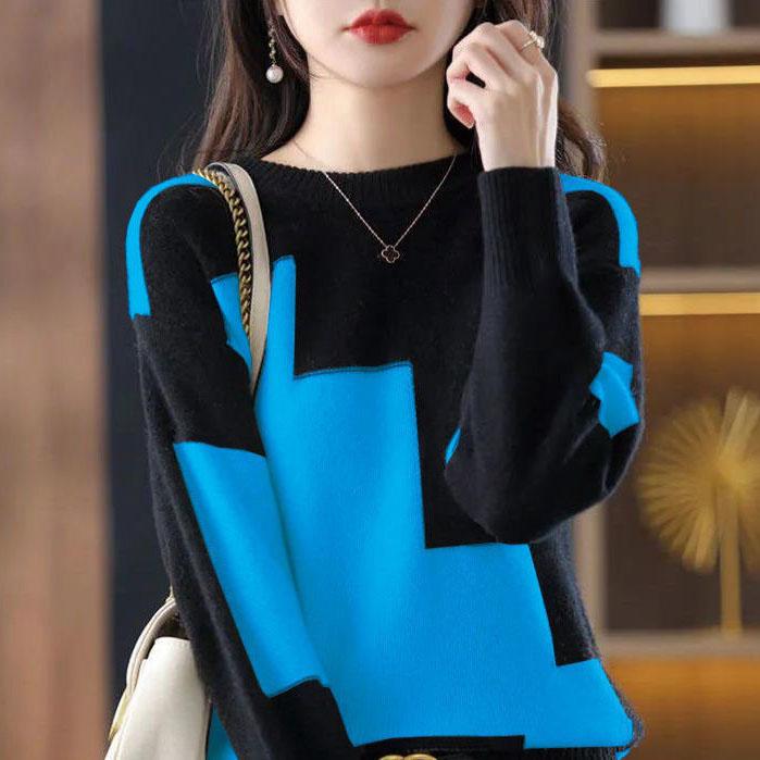Свитер женский осенне-зимний женский вязаный теплый свитер с цветными блоками, длинный рукав, термопуловеры с круглым вырезом, повседневный свободный свитер для женщин