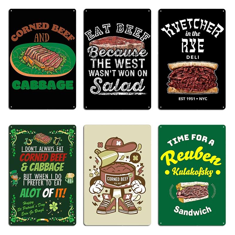 Corned Beef Cartoon Character Fun illustration for corned beef Lovers Kvetcher In The Rye Deli Metal Decor Tin Sign Poster