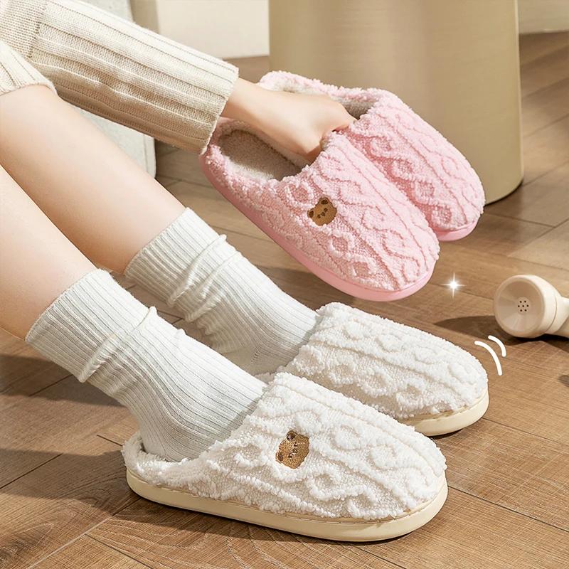 Winter Women Slippers Cute Home Warm Plush Slides Cartoon Bear Couples Indoor Soft Fluffy Flats Bedroom Non Slip Men Furry Shoes