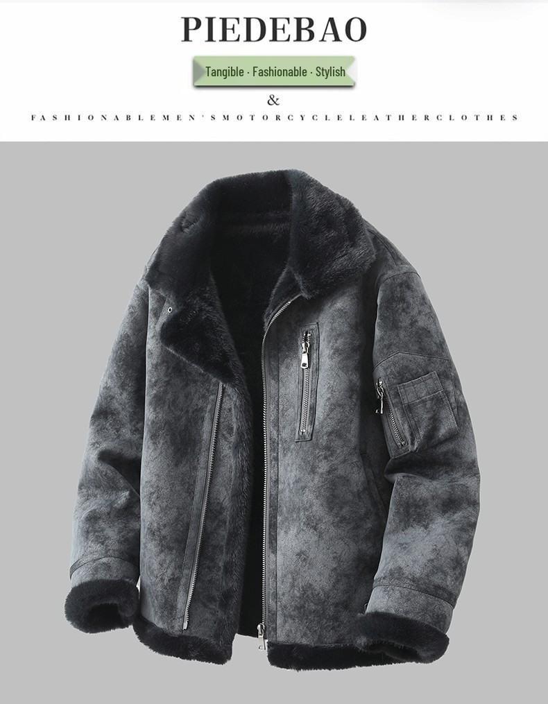 JK2035 Мужская куртка большого размера из кожи и меха с лацканами - Утепленная бархатная для осени/зимы