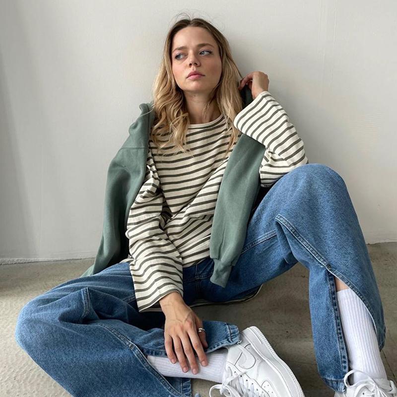 Женская полосатая футболка Hirsionsan с длинными рукавами, весна-лето 2023, большие футболки из 100% хлопка, женские повседневные шикарные футболки, топы для девочек