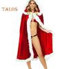 Women Christmas Cloak Fluffy Edge Color Matching Hooded Santa Cosplay New Year Party Performance Costume Festive Poncho