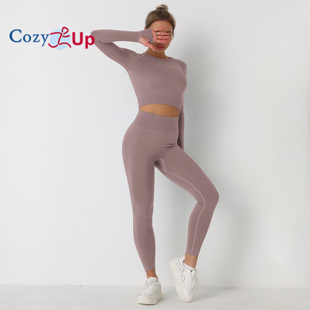 Cozy Up Тренировочные комплекты для женщин из 2 предметов для занятий йогой, бесшовные ребристые леггинсы с топами с длинными рукавами