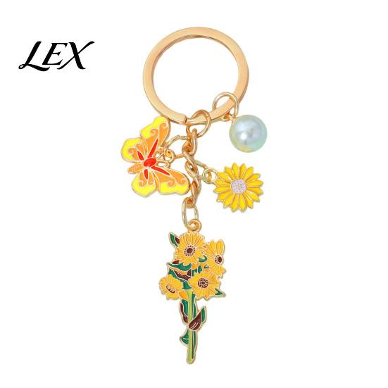 Keychain Pendant with Round Imitation Pearls, Flower Butterfly Enamel Charm Backpack Key Ring, Pastoral Style Layered Holder Strong Chain Keyring