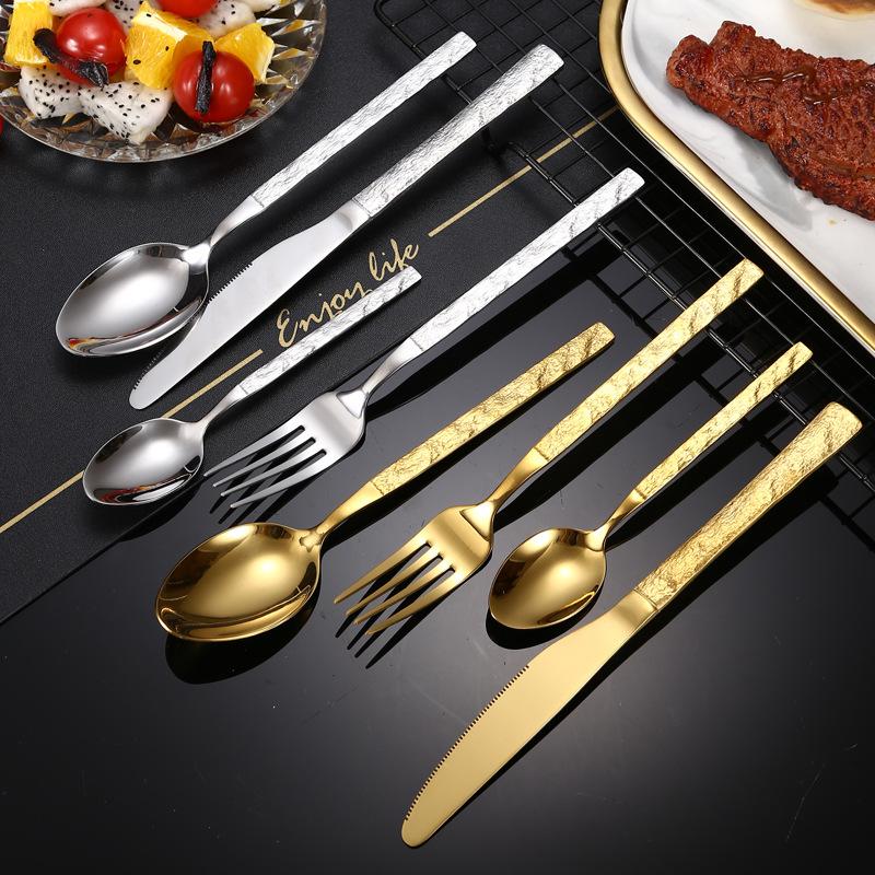 24pcs Gold Cutlery Set Stainless Steel Stone Grain Handle Knives Forks Tea Spoons Kitchen Tableware Dinnerware Dinner Silverware