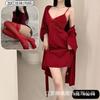 Spring and summer sexy nightdress lace temptation v-neck gathering ice silk suspender nightdress backless chest pad suspender nightdress set