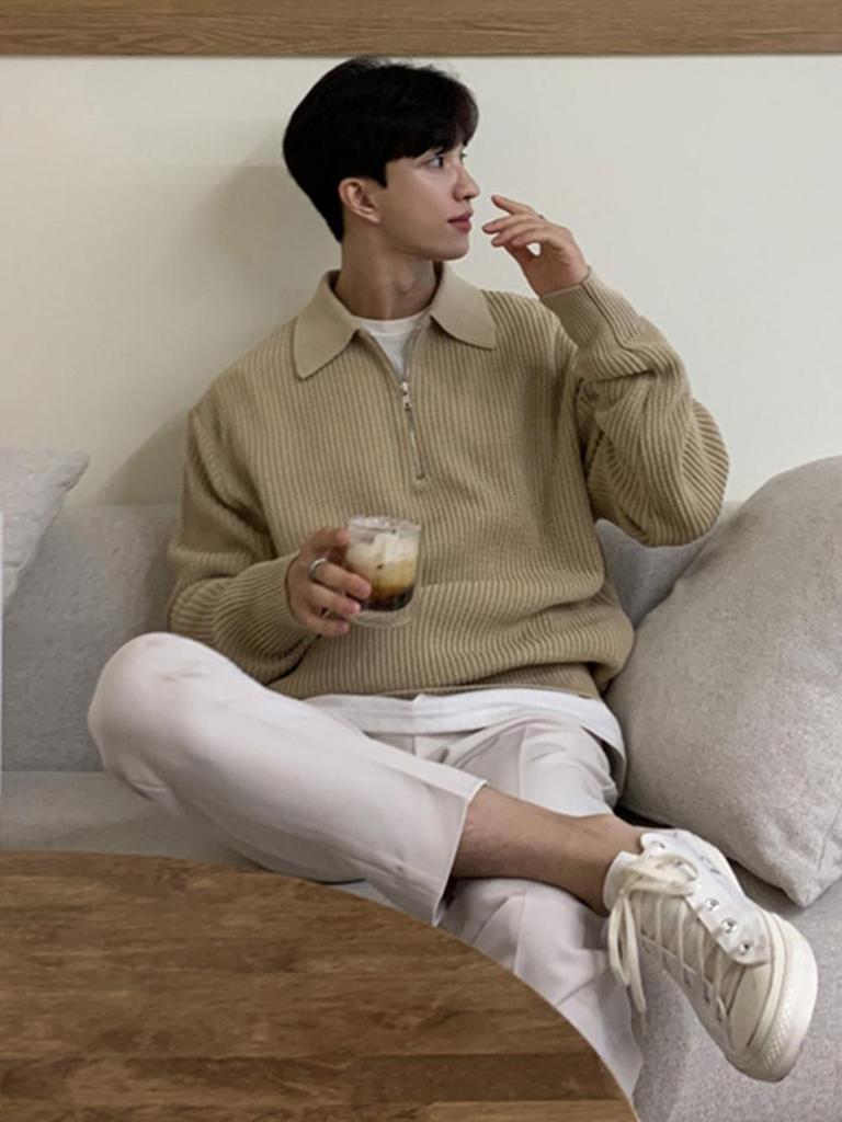 Men's Retro Korean Half-Zip Lapel Sweater - Loose Fit, Autumn/Winter Style Casual Trend