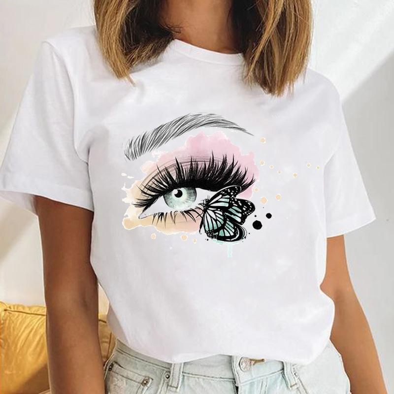 Tee Top Summer Unisex Print Fashion 90s Trend Eye Lashes Watercolor Sweet Tshirt FeUnisex Clothing Casual Short Sleeve Lady Graphic T-shirt