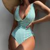 Женский монокини с глубоким V-образным вырезом без рукавов, облегающий слитный купальник-бикини с полосатым принтом и высокой талией, утягивающий живот