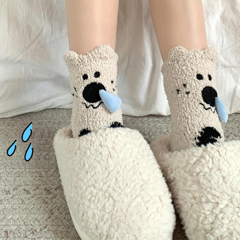 Коралловые плюшевые носки средней длины, утолщенные, теплые, для сна, для родов, домашние носки для пола, милые для девочек