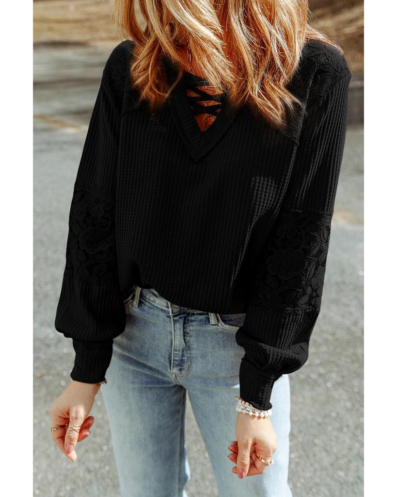 Azura Exchange Black Lace Waffle Patchwork Strappy V Neck Long Sleeve Top