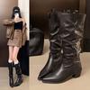 Мода Мода Плиссированные Толстые Каблуки Ботинки Женские 2025 Осень Острый Носок Искусственная Кожа До Середины Икры Ботинки Женские Готика Слипоны Дизайнерская Обувь