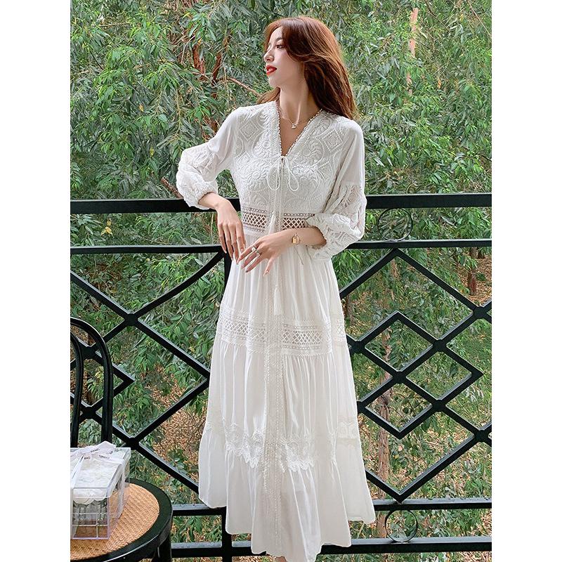 Белое длинное платье Женское летнее кружевное платье Пляжное Открытое женское элегантное винтажное свободное