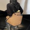 Straw Woven Shoulder Bag with Multiple Pockets Zipper Closure Handmade Braided Vacation Leisure Handbag