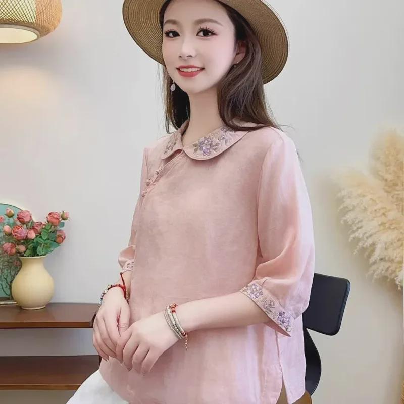 Women's Retro Folk Style Lapel Shirt with Oblique Collar and Chinese Button Design In Cotton-Linen