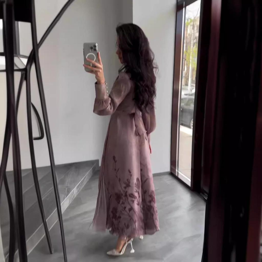 2024 Осеннее платье с цветочным принтом, завязкой на талии, стройнящее, плиссированное