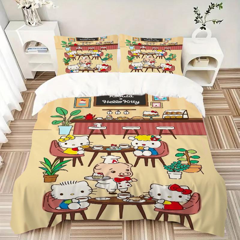 3 шт. Набор постельного белья Hello Kitty в кондитерской Включает пододеяльник и наволочки, Подходит для всех сезонов, Можно стирать в машине, Идеальный подарок W043
