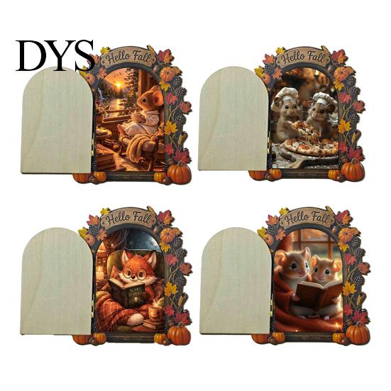 Fall Home Decor Accents Elf Wooden Door Halloween Decor, 2D Fairy Mouse Miniature Wall Rustic Autumn Shelf Hanging, Ornament for Home, Thanksgiving