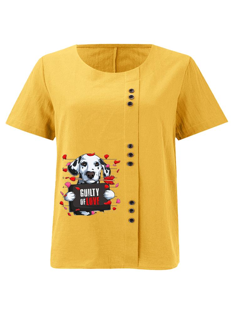 Women's Fashion Dog Print Round Neck Short Sleeve T-shirt Summer Casual Cotton Linen Graphic Shirt Leisure Loose Blouse Tops