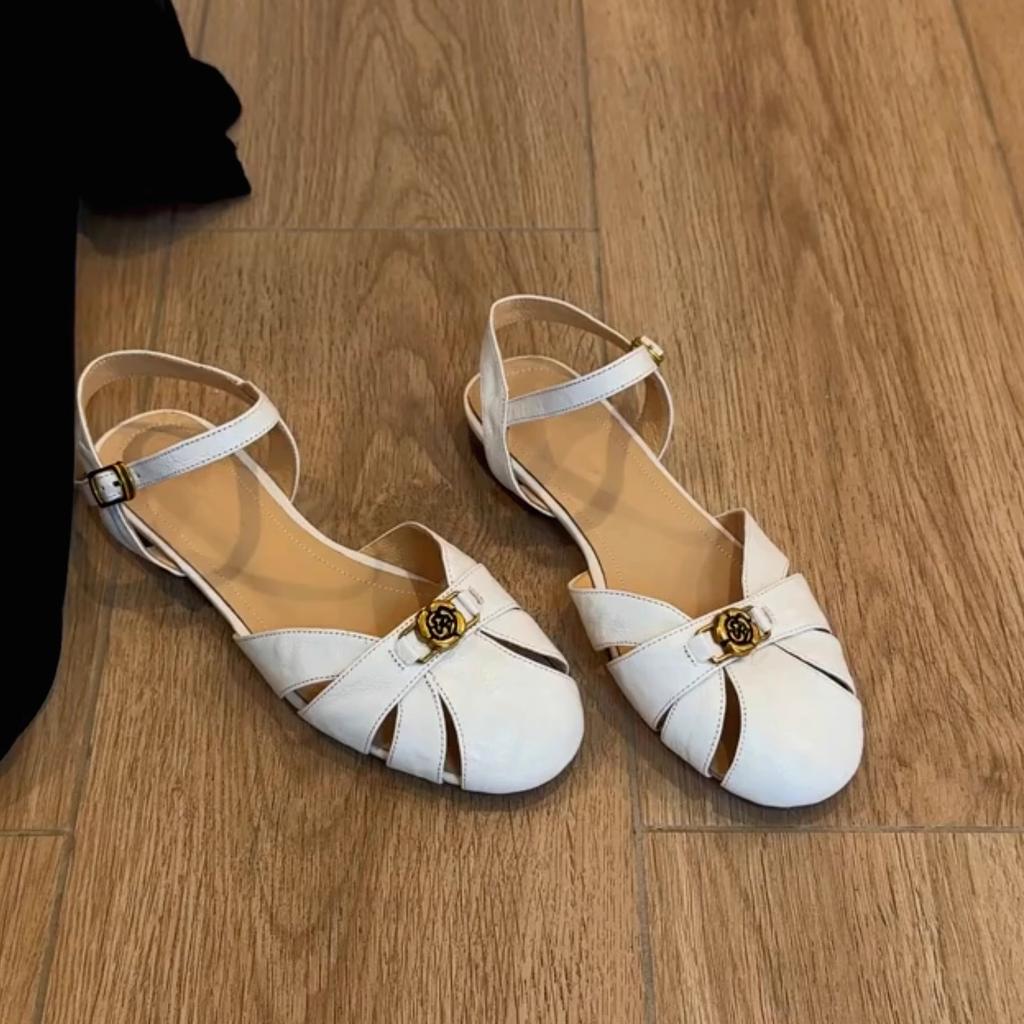 Sheepskin Version~ Camellia Hollow Breathable Roman Shoes Women's Summer Wear Leather Bag Head Shoes Retro Word with Sandals