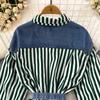 Весенне-осенняя Корейская Ретро Поддельная Два Свободных Джинсовых Жилета Полосатая Рубашка Женская Повседневная Нерегулярная Рубашка