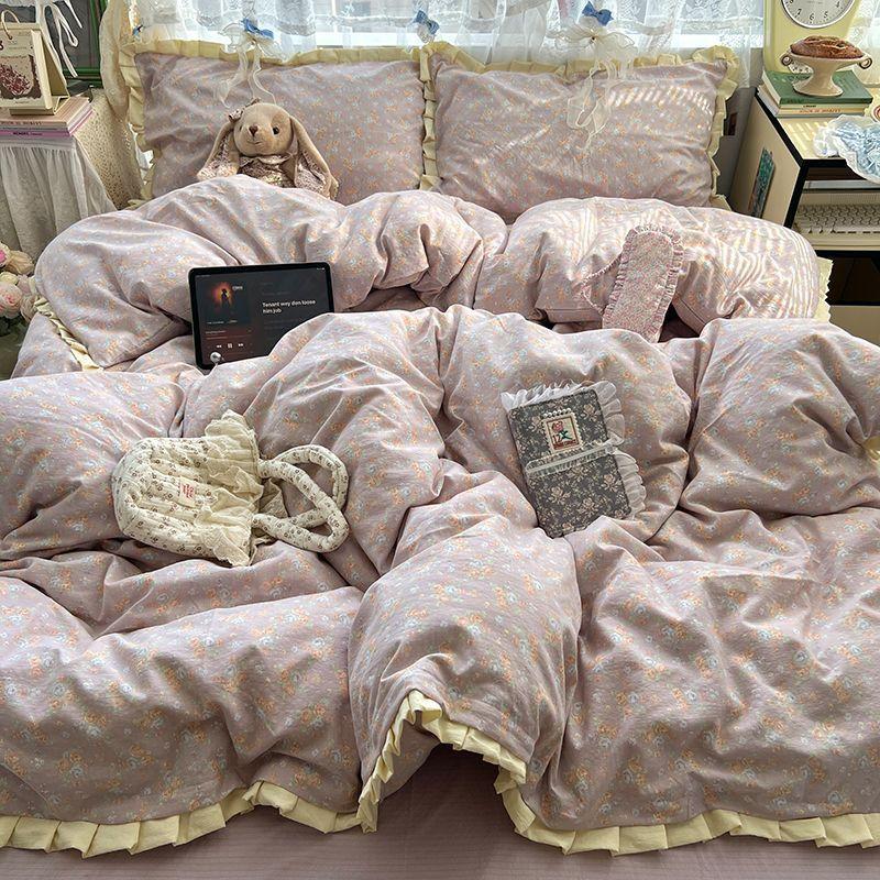 Class A Maternal Infant Grade Wrinkled Cloud Double-Layer Yarn Lace Quilt Cover, Bed Sheet 4-Pcs Set, Student Dormitory 3-Piece Set