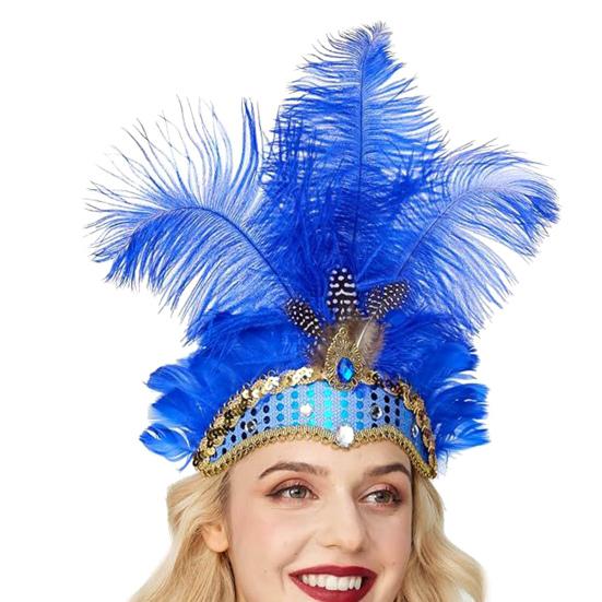 Feather Headpiece Hair Band with Rhinestones Sequins Elastic Carnival Headdress Women Lightweight Festival Headdress