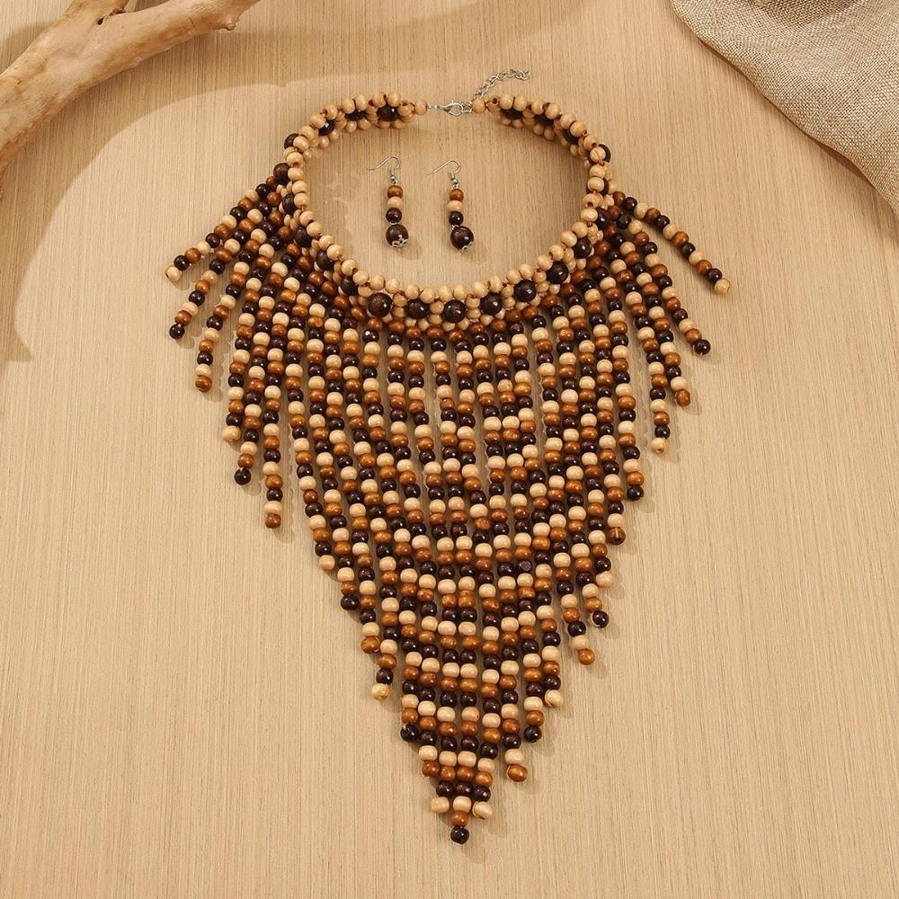 1920s Necklace Earrings Set Wood Ear Studs Elegant Tassel Necklace Evening