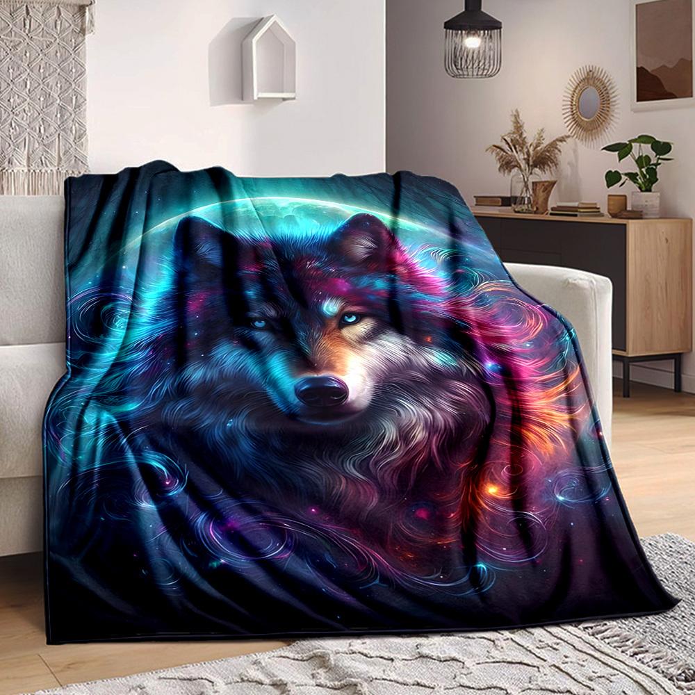 1pc Wolf Galaxy Art Blanket Lightweight Flannel Blanket Throw Blanket For Sofa, Bed, Travel, Camping yy2509026139