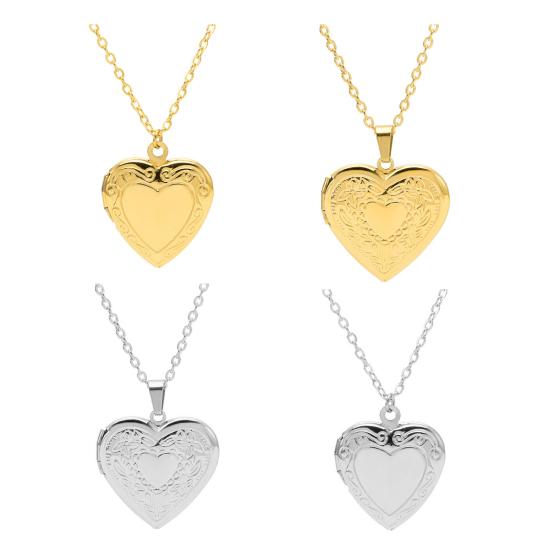 Heart Photo Locket Pendant Necklace Photo Frame Promise Love Keepsake Necklace Polished Alloy Adjustable Length Retro