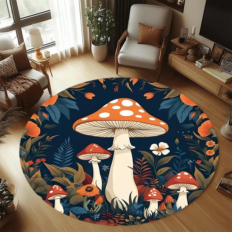 Retro Illustration Style Mushroom Rug, Forest Floral Print Floor Carpet for Living Room Bedroom Non-Slip Washable Home Decor Mat