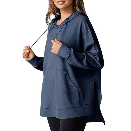 Осень-весна Женская толстовка с капюшоном, большим карманом, завязками на шнурке, свободным разрезом, однотонная вафельная текстура, свободный трикотажный спортивный топ