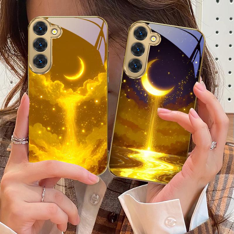 Золотое лунное небо Для Samsung Galaxy S26 S20 FE S21 S22 S23 Plus S24 Ultra 25Ultra S21+ S9 S22 S8 Золотой стеклянный чехол для телефона