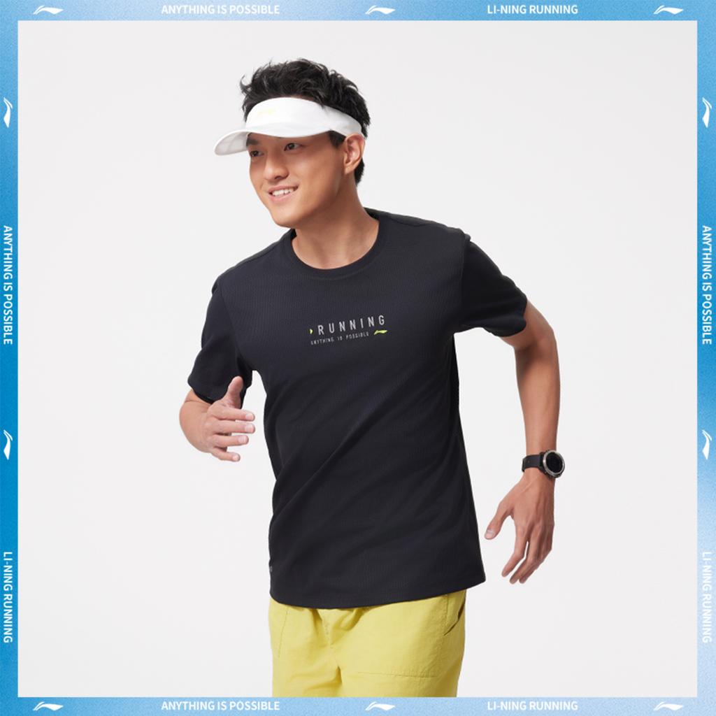 Li Ning Беговая серия Буквенная футболка с круглым вырезом Удобная Дышащая Универсальная с коротким рукавом Мужские топы Черный ATSV095-1