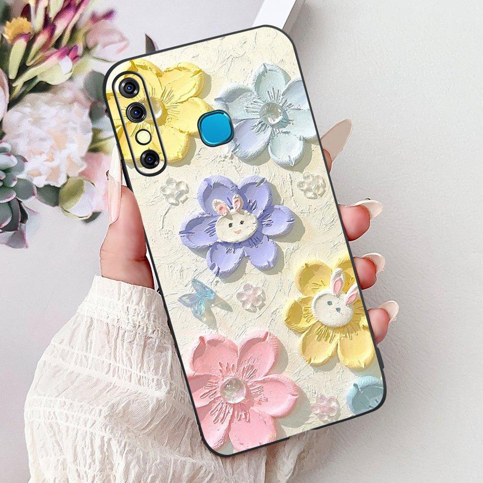 For Infinix Hot 8 Phone Case Hot 8 Lite Hot8 X650 X650C X650B X650D Elegant Floral Cat Pattern Black Silicone Soft TPU Cases