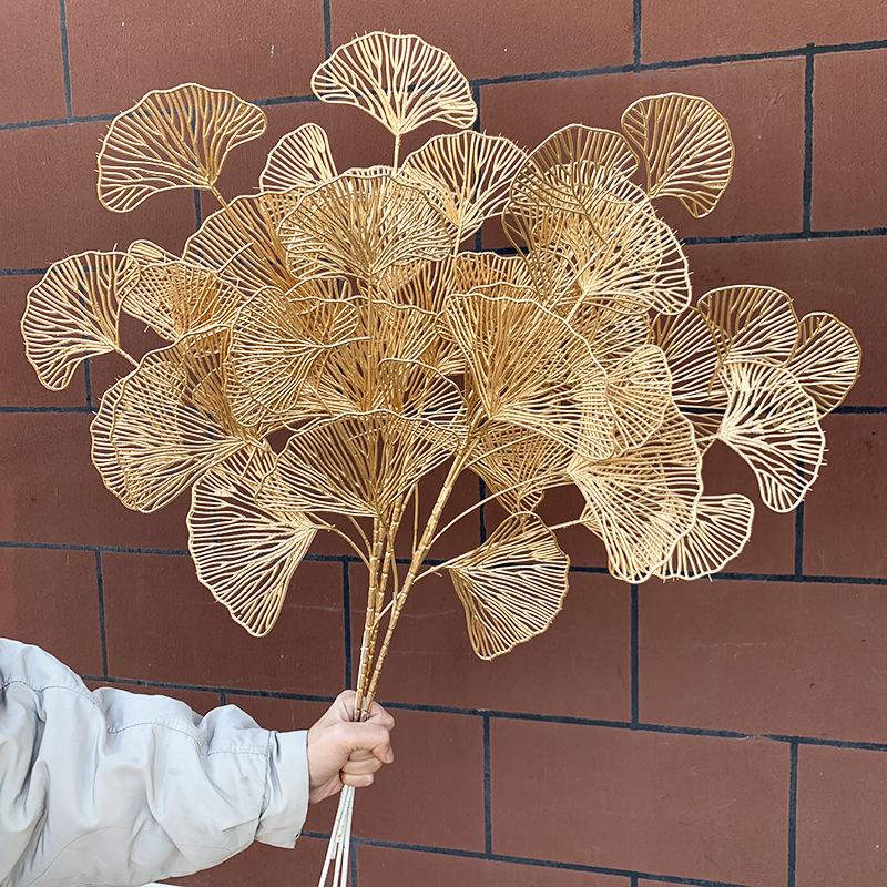 5PC Three-pronged Fan Leaf Netting Artificial Gold Ginkgo Eucalyptus Holly For Wedding Arch Flower Arrangement Home Decor Crafts