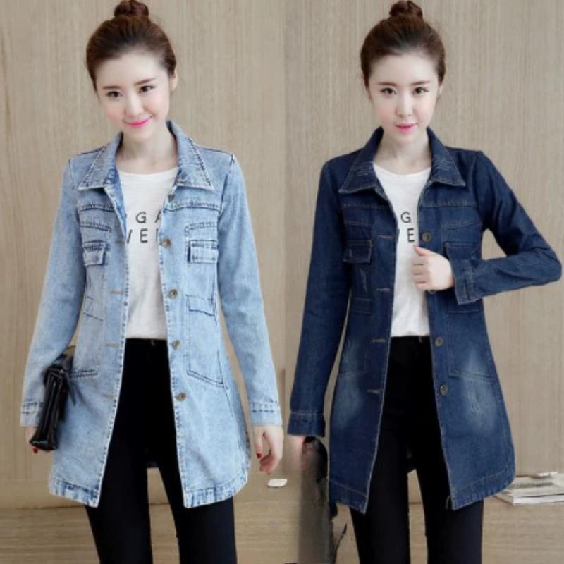 Korean Long Sleeved Denim Jacket for Women's Slim Fit Single Breasted Mid Length Windbreaker Top