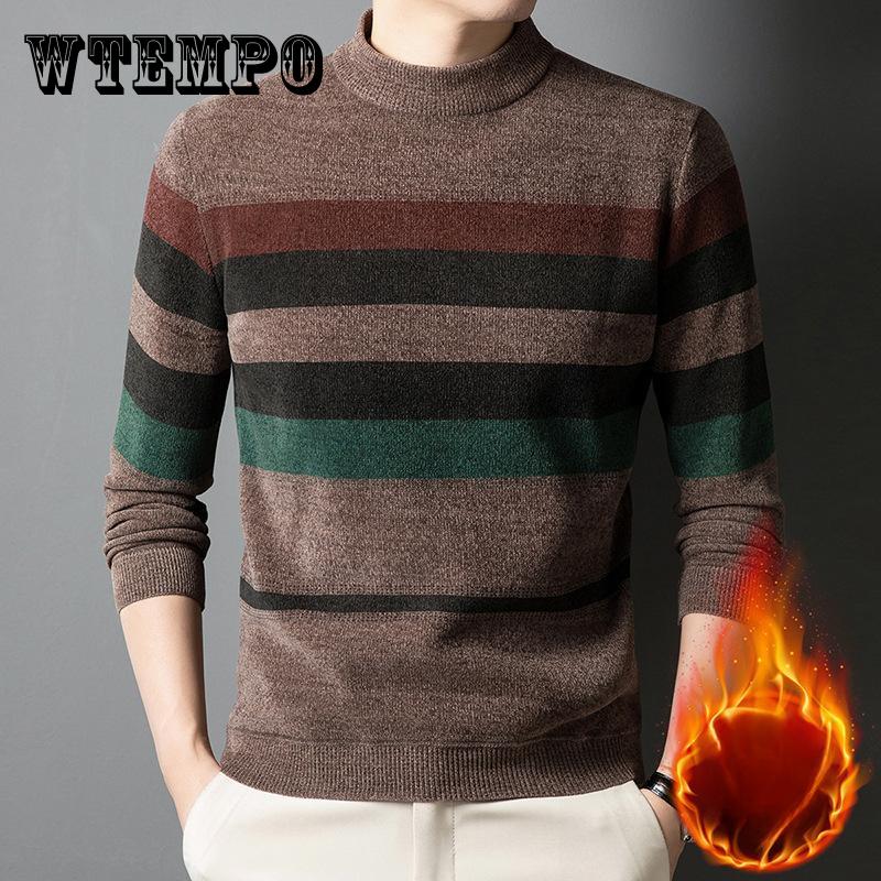 Зимний полосатый свитер с круглым вырезом для мужчин - повседневный свитер из смеси полиэстера, средней эластичности, с длинными рукавами и ребристой вязкой, теплый свитер стандартного кроя