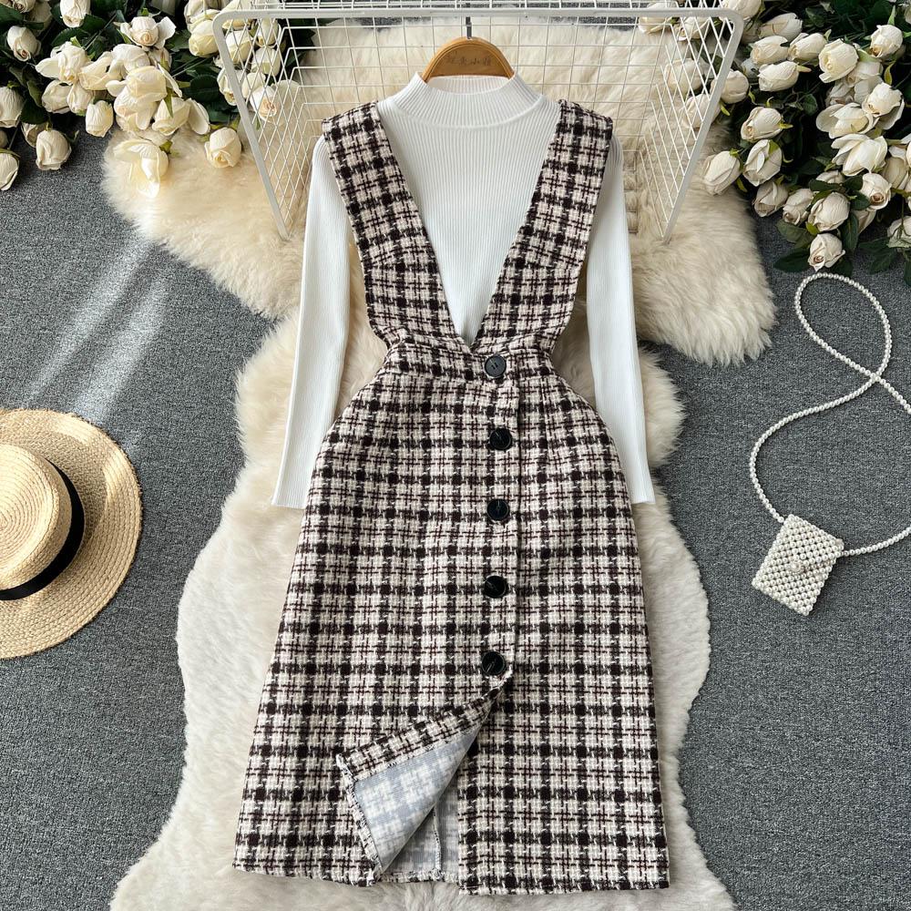 Autumn And Winter Fashionable Knitted Sweater + Bird Check Single-Breasted Straps Skirt Two-Piece Set
