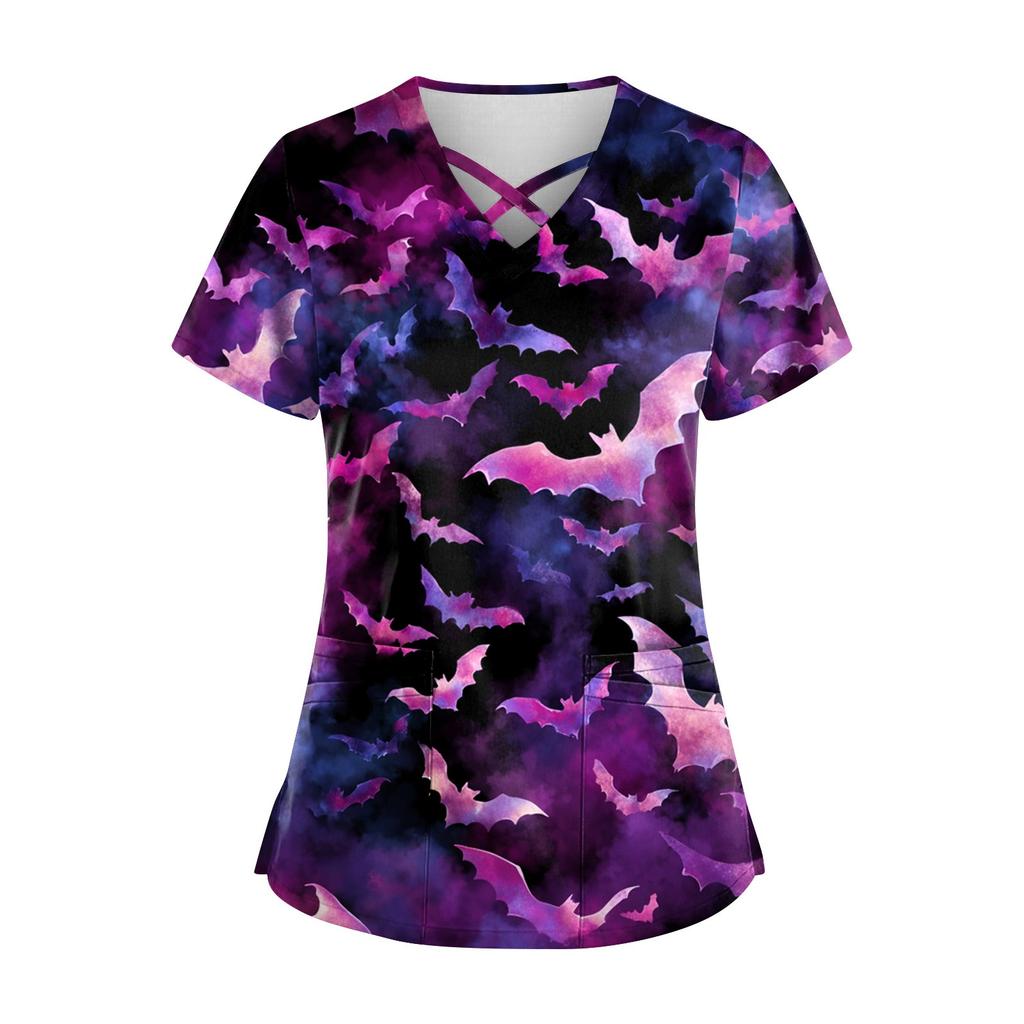Women's Short Sleeve Stagger V Neck Print Pocket Dry- Top