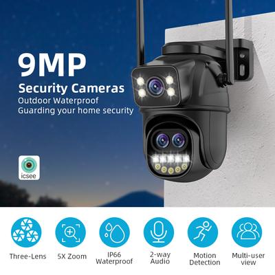 Wi-Fi камера видеонаблюдения PTZ с тремя объективами IP66 камеры безопасности 9MP беспроводная наружная IP-камера обнаружение человека ICSEE