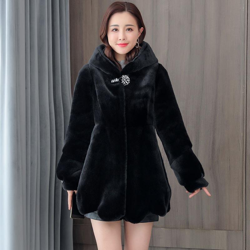 Winter New Fashion Imitation Mink Fur Imitation Coat Middle-aged Mother Hooded Jacket Thickened Women's Pendulum