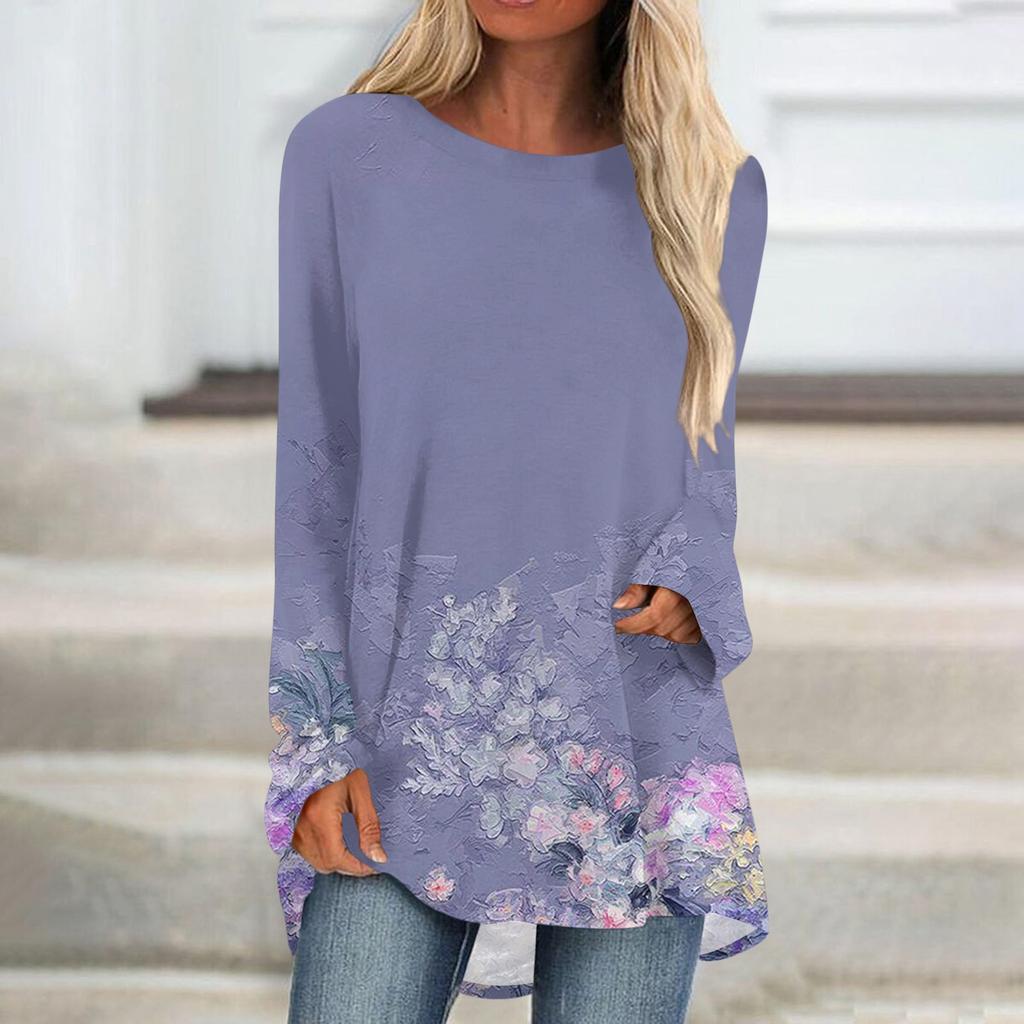 Women's Fashion Casual T-shirt Gradient Long Sleeve Round Neck Medium Long Top