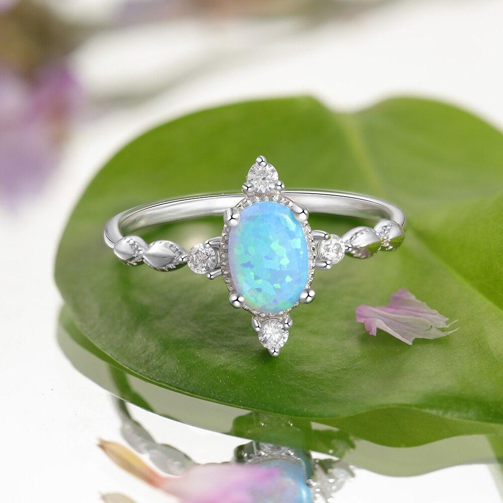 925 Sterling Silver Cubic Zirconia Corss Rings for Women Silver 925 Oval Blue Opal Ring Female Wedding Jewelry