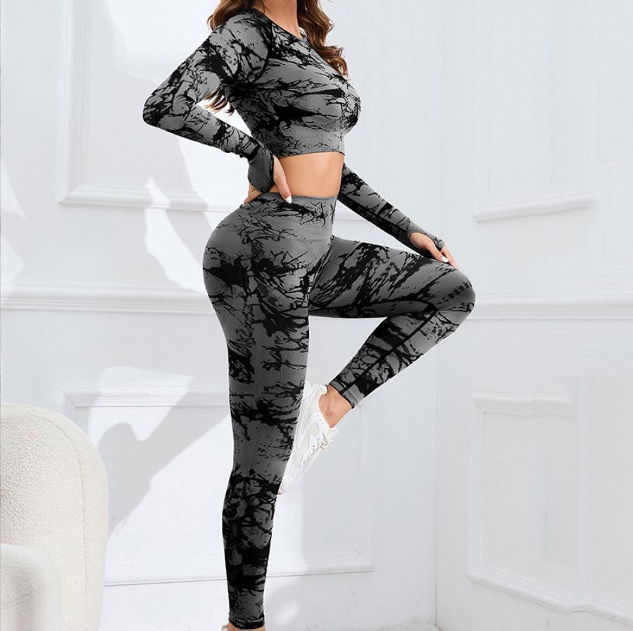 «Бесшовный комплект для йоги с узором «тай-дай»: Топ с длинными рукавами и леггинсы с высокой талией для женщин