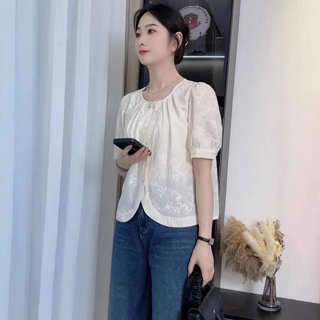 Women's Short-Sleeve French Top: 2024 Korean Style Embroidered Summer Blouse