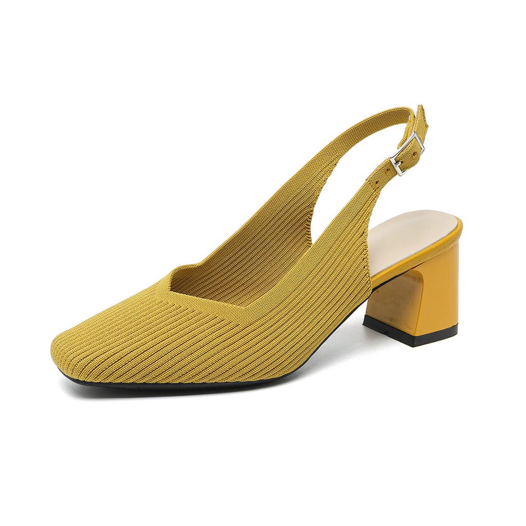 Туфли с открытой пяткой для женщин с квадратным носком, удобные трикотажные туфли для работы, прогулок, офиса, туфли-лодочки на толстом каблуке, женские нескользящие туфли на низком каблуке для свадьбы, нарядные туфли