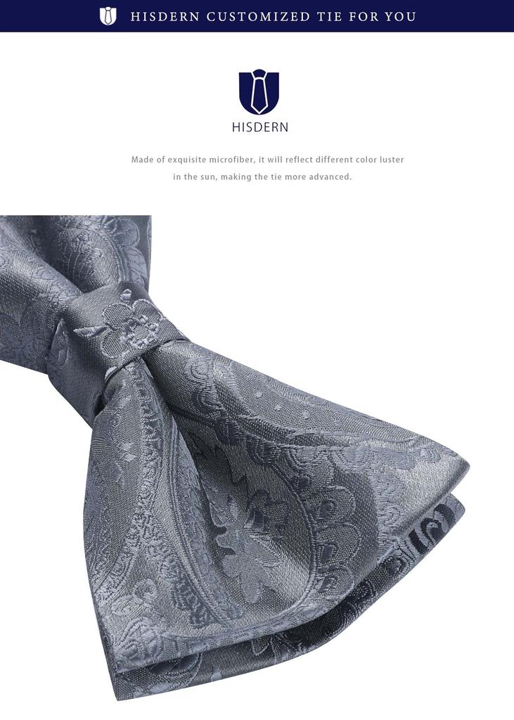 HISDERN Pre-Tied Paisley Bow Tie and Pocket Square Set, Light Gray