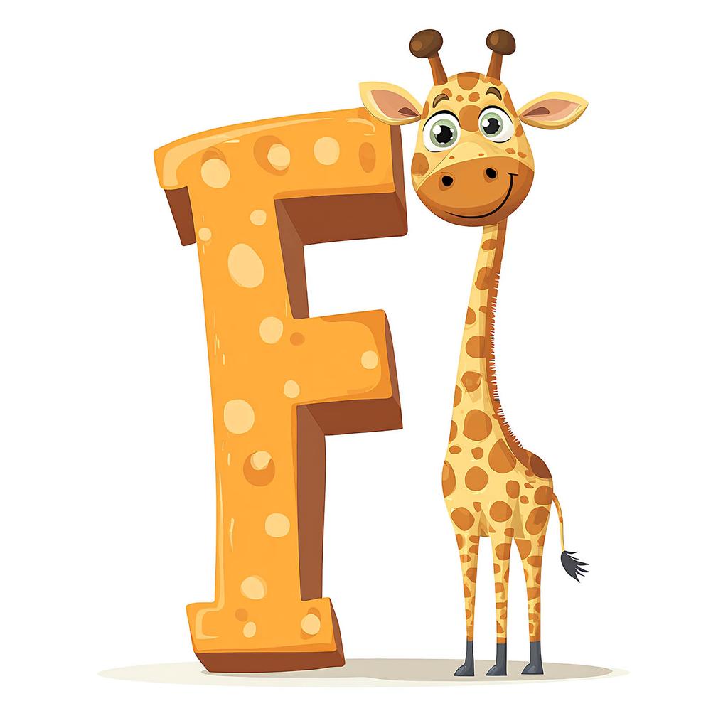 Плакат Жираф и Буква F Плакат Жираф и Буква F, 30x40 см, Рама Деревянная Светлый Дуб, Матовая Бумага 230 г/м²